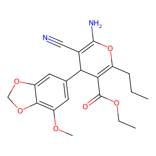 ethyl 6-amino-5-cyano-4-(7-methoxy-1,3-benzodioxol-5-yl)-2-propyl-4H-pyran-3-carboxylate structure