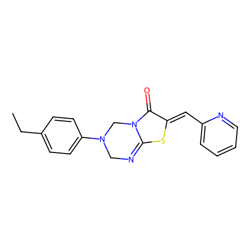 (7Z)-3-(4-ethylphenyl)-7-(pyridin-2-ylmethylidene)-2,4-dihydro-[1,3]thiazolo[3,2-a][1,3,5]triazin-6-one structure