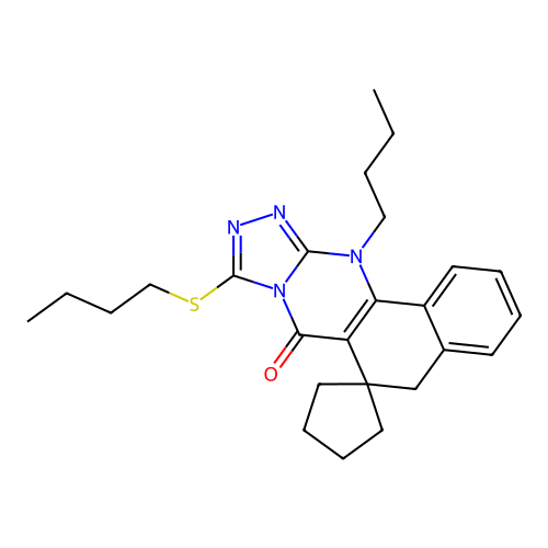 12-butyl-9-(butylthio)-5H-spiro[benzo[h][1,2,4]triazolo[3,4-b]quinazoline-6,1'-cyclopentan]-7(12H)-one structure