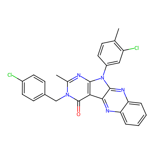 11-(3-chloro-4-methylphenyl)-3-(4-chlorobenzyl)-2-methyl-3H-pyrimido[5',4':4,5]pyrrolo[2,3-b]quinoxalin-4(11H)-one structure