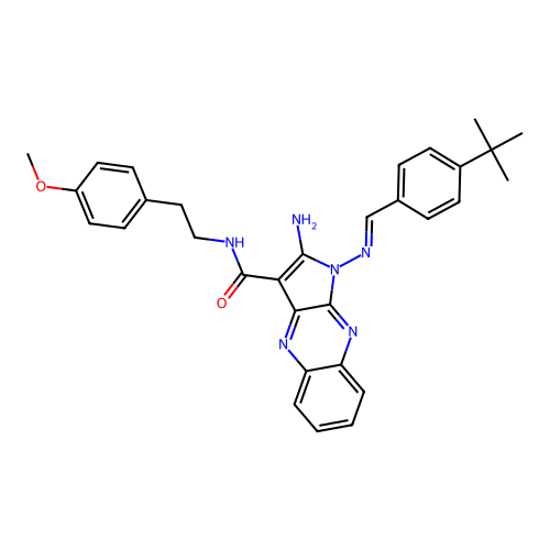 (E)-2-amino-1-((4-(tert-butyl)benzylidene)amino)-N-(4-methoxyphenethyl)-1H-pyrrolo[2,3-b]quinoxaline-3-carboxamide structure