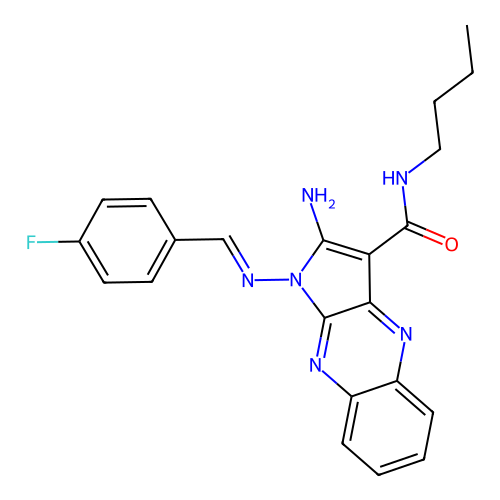 (E)-2-amino-N-butyl-1-((4-fluorobenzylidene)amino)-1H-pyrrolo[2,3-b]quinoxaline-3-carboxamide structure
