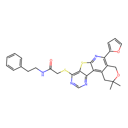 2-((5-(furan-2-yl)-2,2-dimethyl-2,4-dihydro-1H-pyrano[4'',3'':4',5']pyrido[3',2':4,5]thieno[3,2-d]pyrimidin-8-yl)thio)-N-phenethylacetamide structure