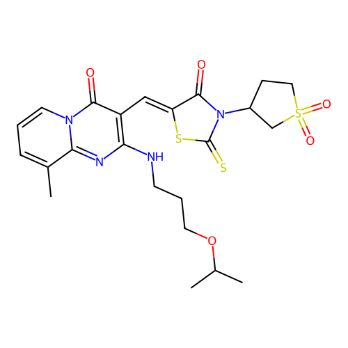 3-{(Z)-[3-(1,1-dioxidotetrahydrothiophen-3-yl)-4-oxo-2-thioxo-1,3-thiazolidin-5-ylidene]methyl}-9-methyl-2-{[3-(propan-2-yloxy)propyl]amino}-4H-pyrido[1,2-a]pyrimidin-4-one structure