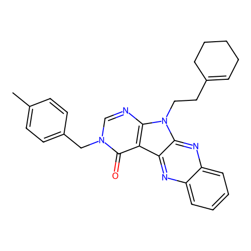 11-(2-(cyclohex-1-en-1-yl)ethyl)-3-(4-methylbenzyl)-3H-pyrimido[5',4':4,5]pyrrolo[2,3-b]quinoxalin-4(11H)-one structure