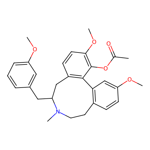 5H-Dibenz(d,f)azonin-1-ol, 6,7,8,9-tetrahydro-2,12-dimethoxy-6-((3-methoxyphenyl)methyl)-7-methyl-, acetate (ester), (-)- structure