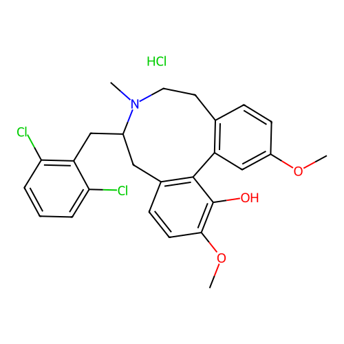 5H-Dibenz(d,f)azonin-1-ol, 6,7,8,9-tetrahydro-6-((2,6-dichlorophenyl)methyl)-2,12-dimethoxy-7-methyl-, hydrochloride, (-)- structure