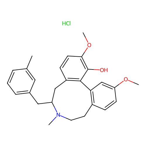 5H-Dibenz(d,f)azonin-1-ol, 6,7,8,9-tetrahydro-2,12-dimethoxy-7-methyl- 6-((3-methylphenyl)methyl)-, hydrochloride, (-)- structure