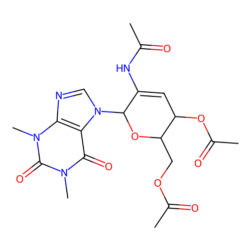 [5-acetamido-3-acetyloxy-6-(1,3-dimethyl-2,6-dioxopurin-7-yl)-3,6-dihydro-2H-pyran-2-yl]methyl acetate structure