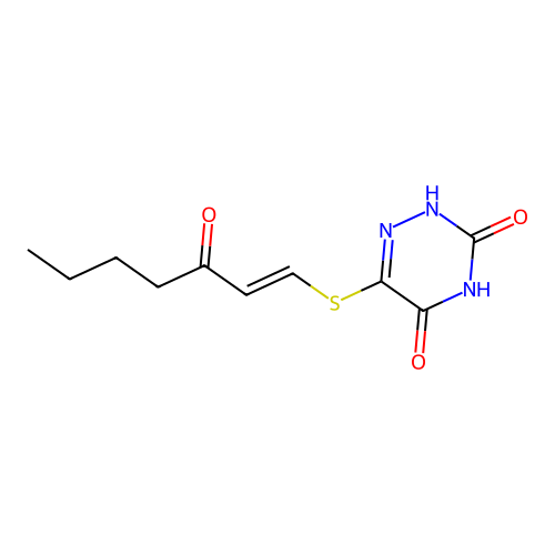 6-(3-oxohept-1-enylsulfanyl)-2H-1,2,4-triazine-3,5-dione structure