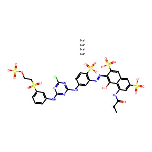 2,7-Naphthalenedisulfonic acid, 3-(2-(5-((4-chloro-6-((3-((2-(sulfooxy)ethyl)sulfonyl)phenyl)amino)-1,3,5-triazin-2-yl)amino)-2-sulfophenyl)diazenyl)-4-hydroxy-5-((1-oxopropyl)amino)-, sodium salt (1:4) structure