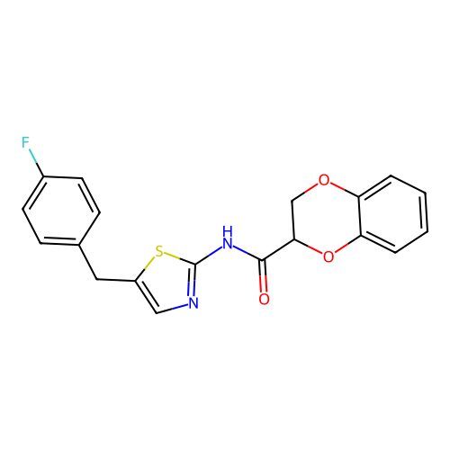 N-(5-(4-fluorobenzyl)thiazol-2-yl)-2,3-dihydrobenzo[b][1,4]dioxine-2-carboxamide structure