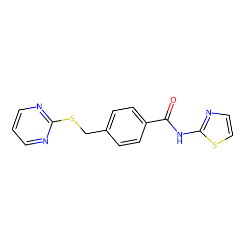 4-((pyrimidin-2-ylthio)methyl)-N-(thiazol-2-yl)benzamide structure