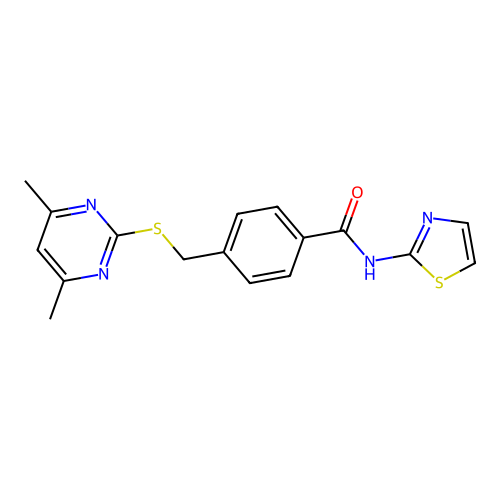 4-(((4,6-dimethylpyrimidin-2-yl)thio)methyl)-N-(thiazol-2-yl)benzamide structure