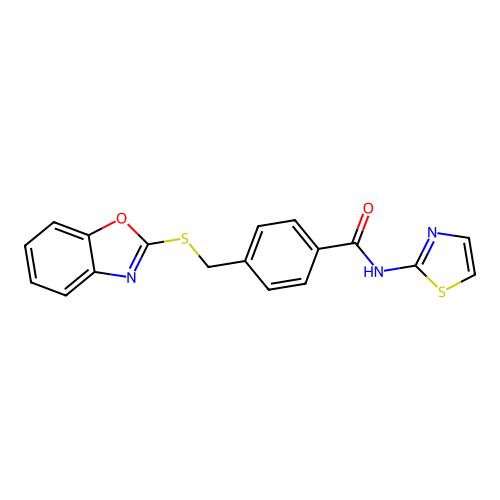 4-((benzo[d]oxazol-2-ylthio)methyl)-N-(thiazol-2-yl)benzamide structure