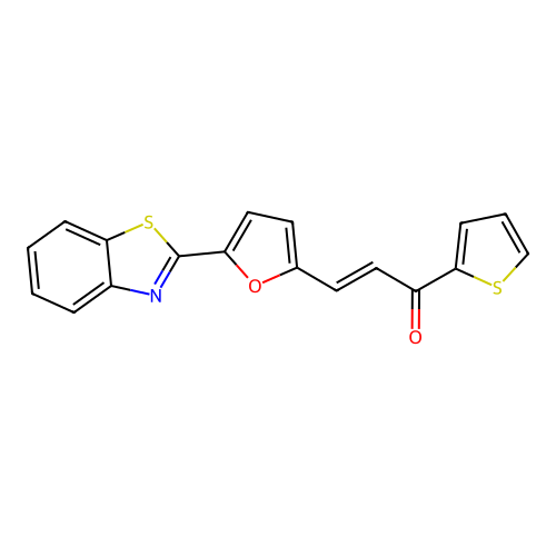 (E)-3-(5-(benzo[d]thiazol-2-yl)furan-2-yl)-1-(thiophen-2-yl)prop-2-en-1-one structure