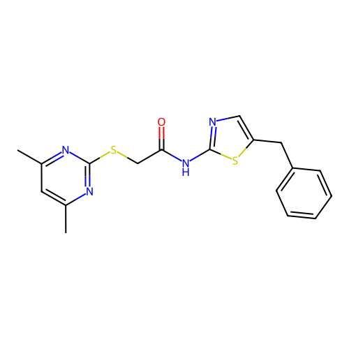 N-(5-benzyl-1,3-thiazol-2-yl)-2-[(4,6-dimethylpyrimidin-2-yl)sulfanyl]acetamide structure