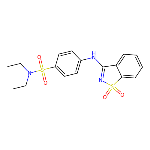 4-[(1,1-dioxido-1,2-benzothiazol-3-yl)amino]-N,N-diethylbenzenesulfonamide structure