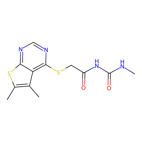 2-(5,6-dimethylthieno[2,3-d]pyrimidin-4-yl)sulfanyl-N-(methylcarbamoyl)acetamide structure