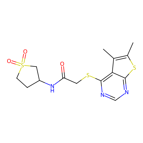 2-(5,6-dimethylthieno[2,3-d]pyrimidin-4-yl)sulfanyl-N-(1,1-dioxothiolan-3-yl)acetamide structure