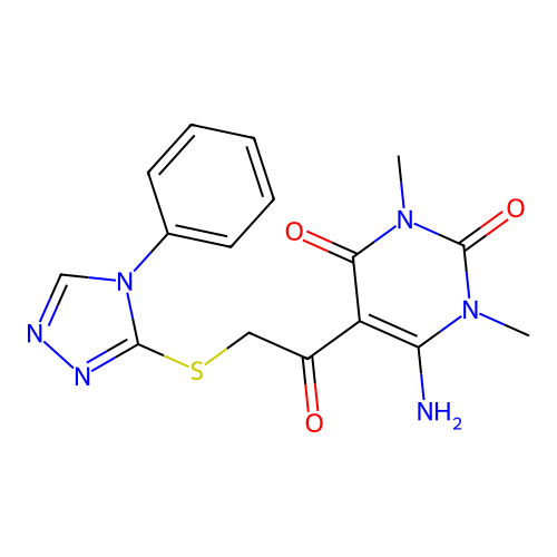 6-amino-1,3-dimethyl-5-[2-[(4-phenyl-1,2,4-triazol-3-yl)sulfanyl]acetyl]pyrimidine-2,4-dione structure