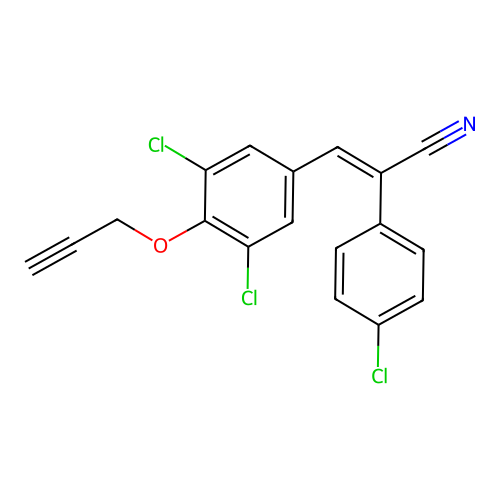 (E)-2-(4-chlorophenyl)-3-(3,5-dichloro-4-prop-2-ynoxyphenyl)prop-2-enenitrile structure