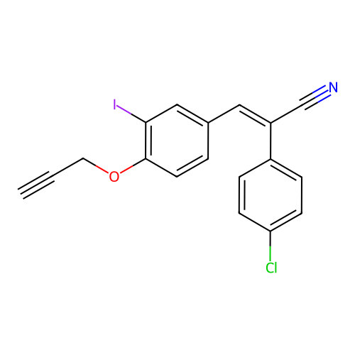 (E)-2-(4-chlorophenyl)-3-(3-iodo-4-prop-2-ynoxyphenyl)prop-2-enenitrile structure