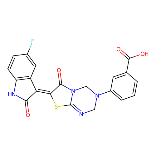 (Z)-3-(7-(5-fluoro-2-oxoindolin-3-ylidene)-6-oxo-6,7-dihydro-2H-thiazolo[3,2-a][1,3,5]triazin-3(4H)-yl)benzoic acid structure