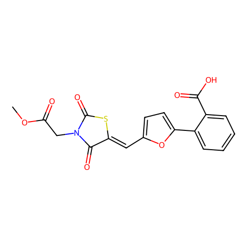 2-(5-{(Z)-[3-(2-methoxy-2-oxoethyl)-2,4-dioxo-1,3-thiazolidin-5-ylidene]methyl}furan-2-yl)benzoic acid structure