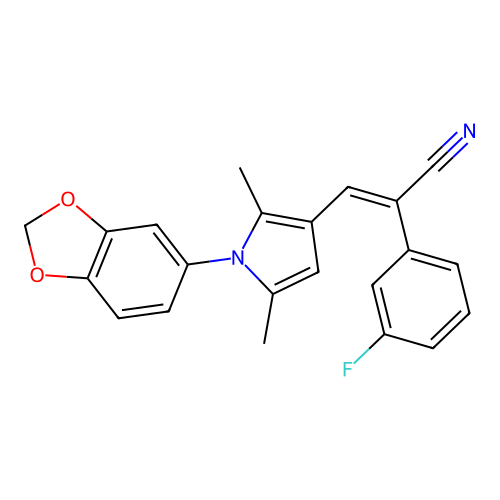 (2E)-3-[1-(1,3-benzodioxol-5-yl)-2,5-dimethyl-1H-pyrrol-3-yl]-2-(3-fluorophenyl)prop-2-enenitrile structure