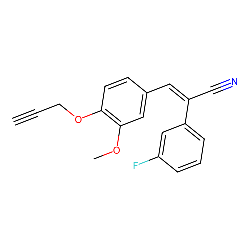 (E)-2-(3-fluorophenyl)-3-(3-methoxy-4-prop-2-ynoxyphenyl)prop-2-enenitrile structure