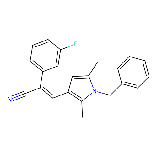 (E)-3-(1-benzyl-2,5-dimethylpyrrol-3-yl)-2-(3-fluorophenyl)prop-2-enenitrile structure