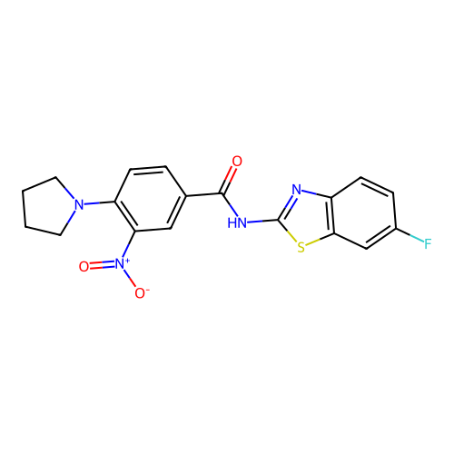 N-(6-fluoro-1,3-benzothiazol-2-yl)-3-nitro-4-(pyrrolidin-1-yl)benzamide structure