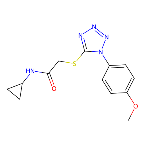 N-cyclopropyl-2-[1-(4-methoxyphenyl)tetrazol-5-yl]sulfanylacetamide structure