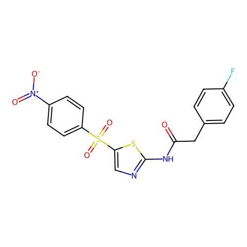 2-(4-fluorophenyl)-N-(5-((4-nitrophenyl)sulfonyl)thiazol-2-yl)acetamide structure