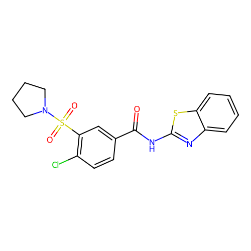 N-(1,3-benzothiazol-2-yl)-4-chloro-3-(pyrrolidin-1-ylsulfonyl)benzamide structure