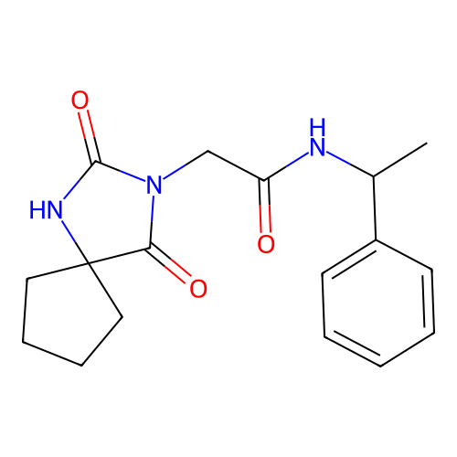 2-{2,4-dioxo-1,3-diazaspiro[4.4]nonan-3-yl}-N-(1-phenylethyl)acetamide structure
