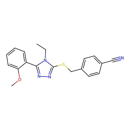 4-(((4-ethyl-5-(2-methoxyphenyl)-4H-1,2,4-triazol-3-yl)thio)methyl)benzonitrile structure