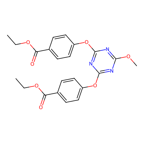Diethyl 4,4'-((6-methoxy-1,3,5-triazine-2,4-diyl)bis(oxy))dibenzoate structure