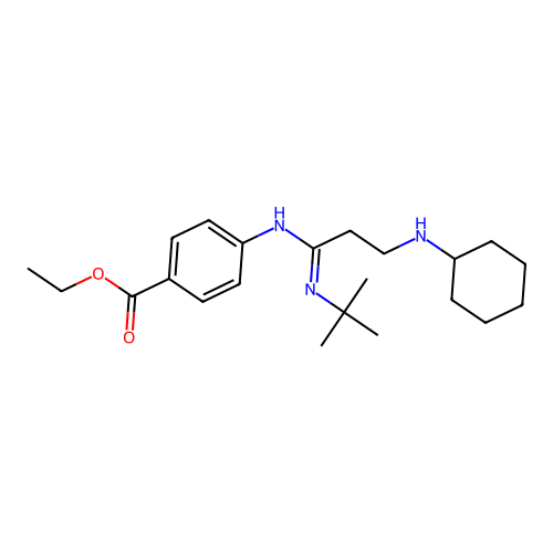 Ethyl 4-{[(1E)-N-tert-butyl-3-(cyclohexylamino)propanimidoyl]amino}benzoate structure