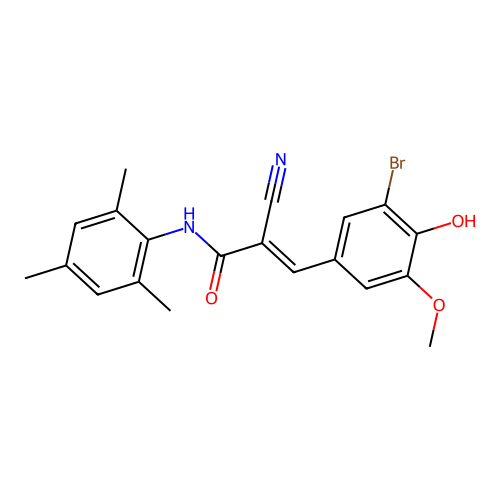 (E)-3-(3-bromo-4-hydroxy-5-methoxyphenyl)-2-cyano-N-(2,4,6-trimethylphenyl)prop-2-enamide structure