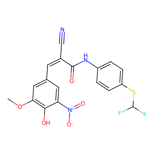 2-cyano-N-[4-(difluoromethylsulfanyl)phenyl]-3-(4-hydroxy-3-methoxy-5-nitrophenyl)prop-2-enamide structure