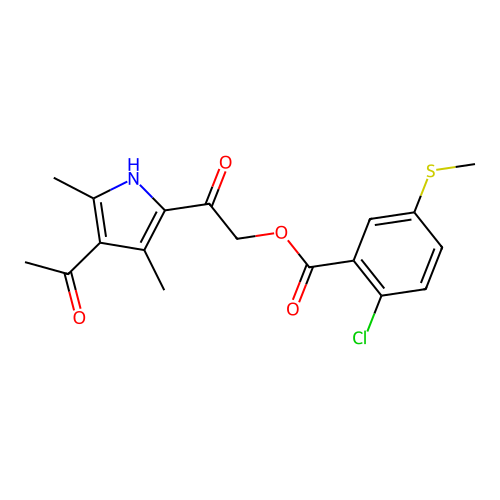 [2-(4-acetyl-3,5-dimethyl-1H-pyrrol-2-yl)-2-oxoethyl] 2-chloro-5-methylsulfanylbenzoate structure