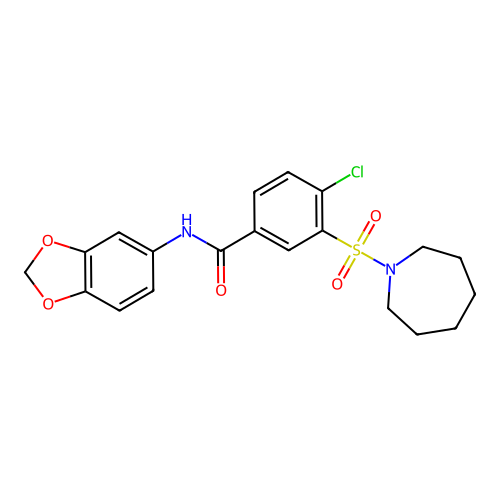 3-(azepan-1-ylsulfonyl)-N-(1,3-benzodioxol-5-yl)-4-chlorobenzamide structure