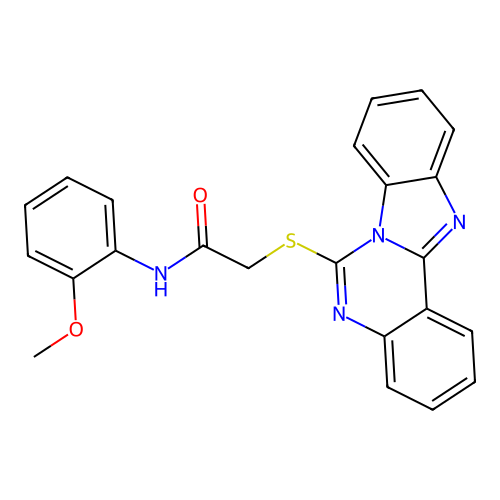 2-(benzimidazo[1,2-c]quinazolin-6-ylthio)-N-(2-methoxyphenyl)acetamide structure