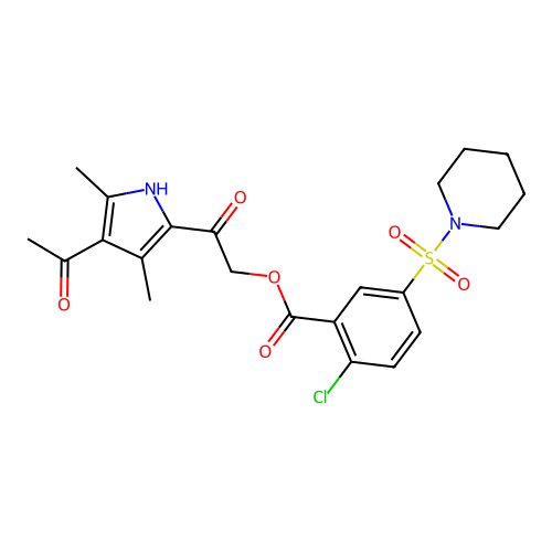 [2-(4-acetyl-3,5-dimethyl-1H-pyrrol-2-yl)-2-oxoethyl] 2-chloro-5-piperidin-1-ylsulfonylbenzoate structure