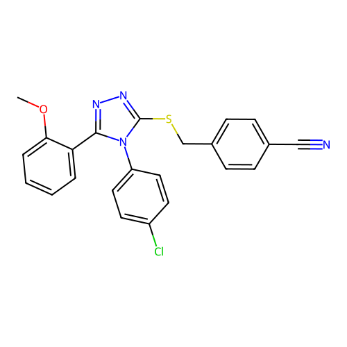 4-[[4-(4-chlorophenyl)-5-(2-methoxyphenyl)-1,2,4-triazol-3-yl]sulfanylmethyl]benzonitrile structure