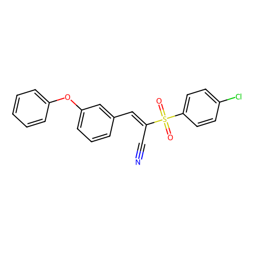 (E)-2-(4-chlorophenyl)sulfonyl-3-(3-phenoxyphenyl)prop-2-enenitrile structure