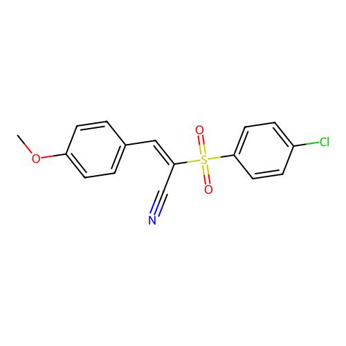 (E)-2-(4-chlorophenyl)sulfonyl-3-(4-methoxyphenyl)prop-2-enenitrile structure