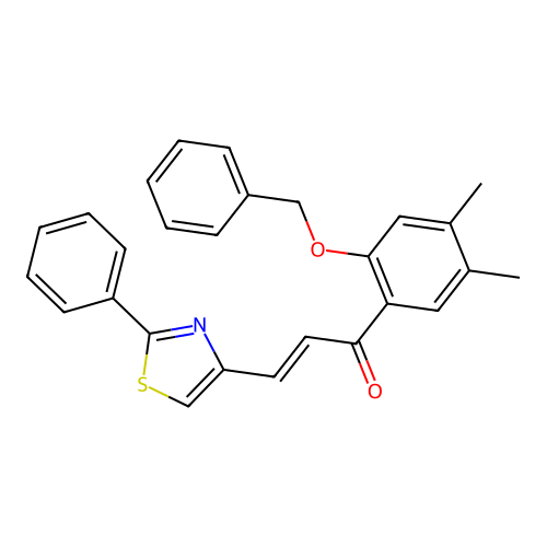 (E)-1-(2-(benzyloxy)-4,5-dimethylphenyl)-3-(2-phenylthiazol-4-yl)prop-2-en-1-one structure